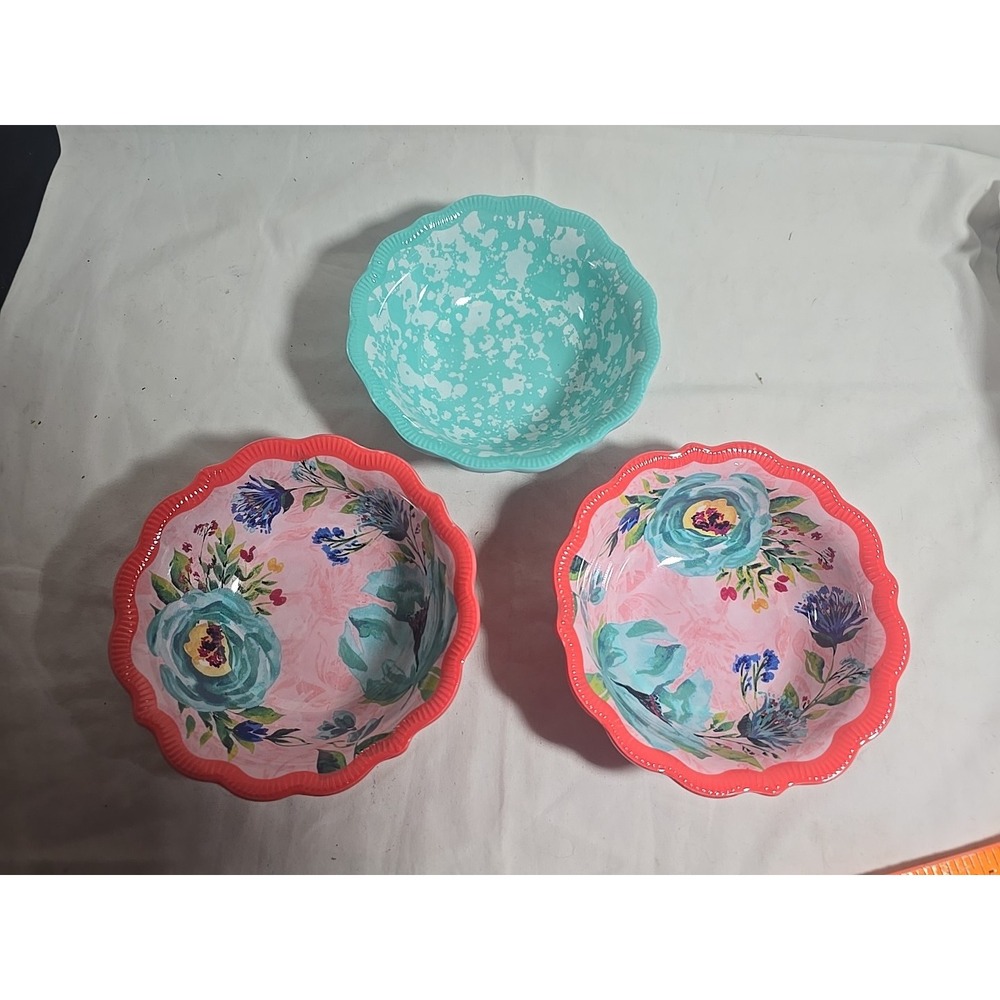 Pioneer Woman Delaney Melamine Condiment Dip Bowl‎ Set Of 3 Floral Teal Bowls